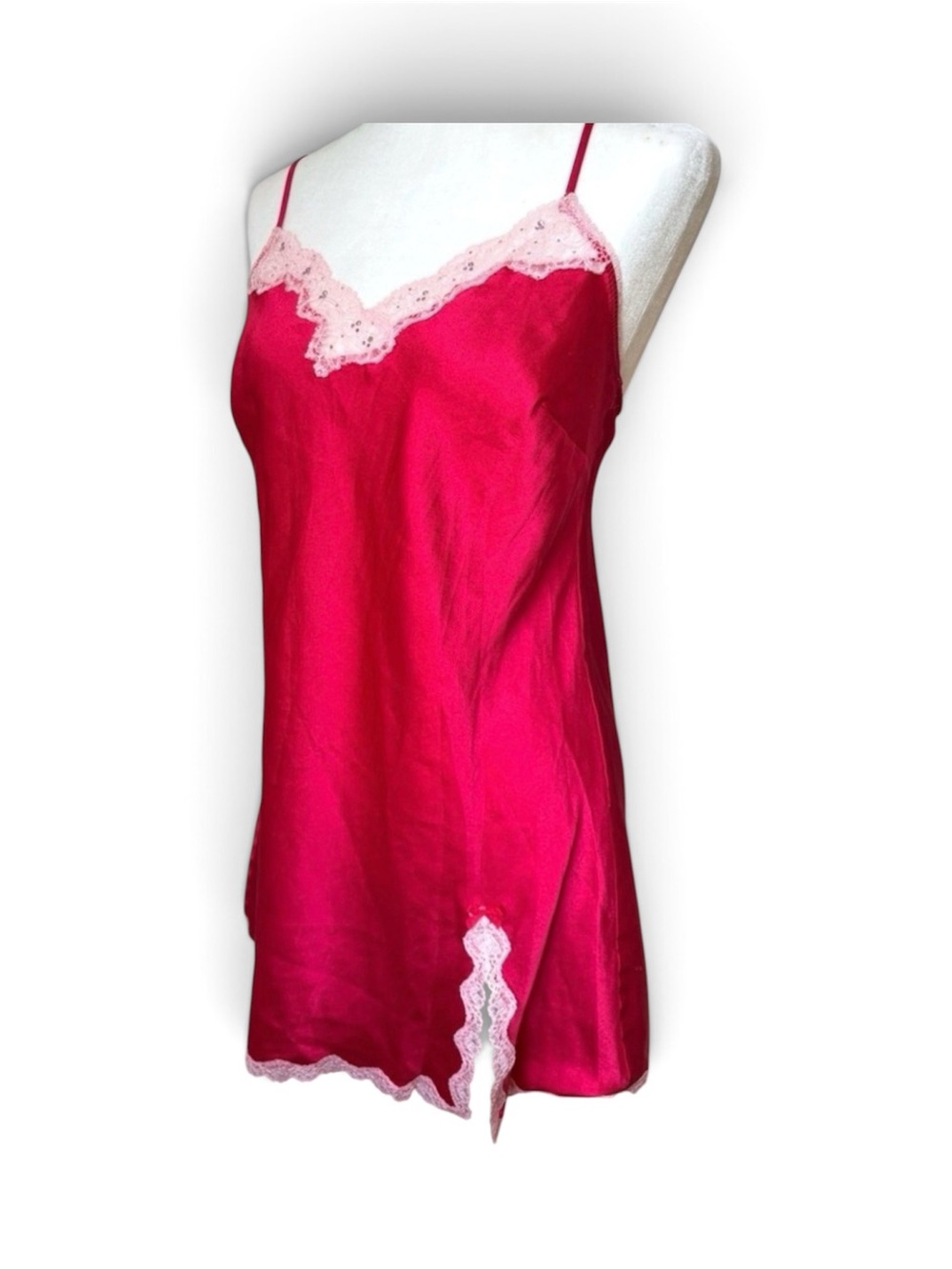 Victoria's Secret Red Satin Slip Night Gown with Cream Lace Trim Size Medium